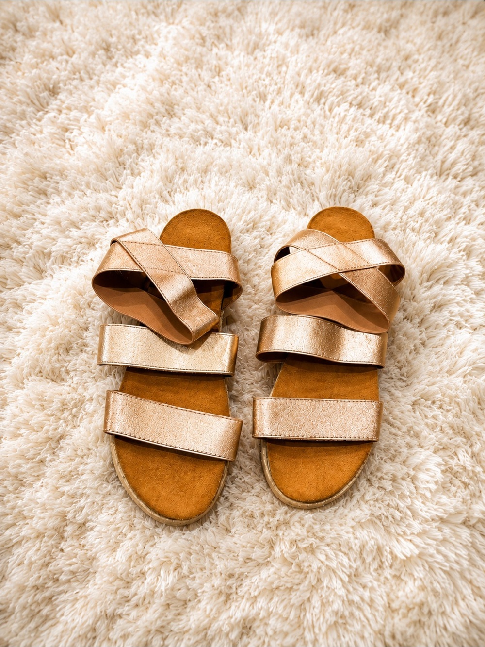 Women's Metallic Rose Gold Strappy Slide Sandals